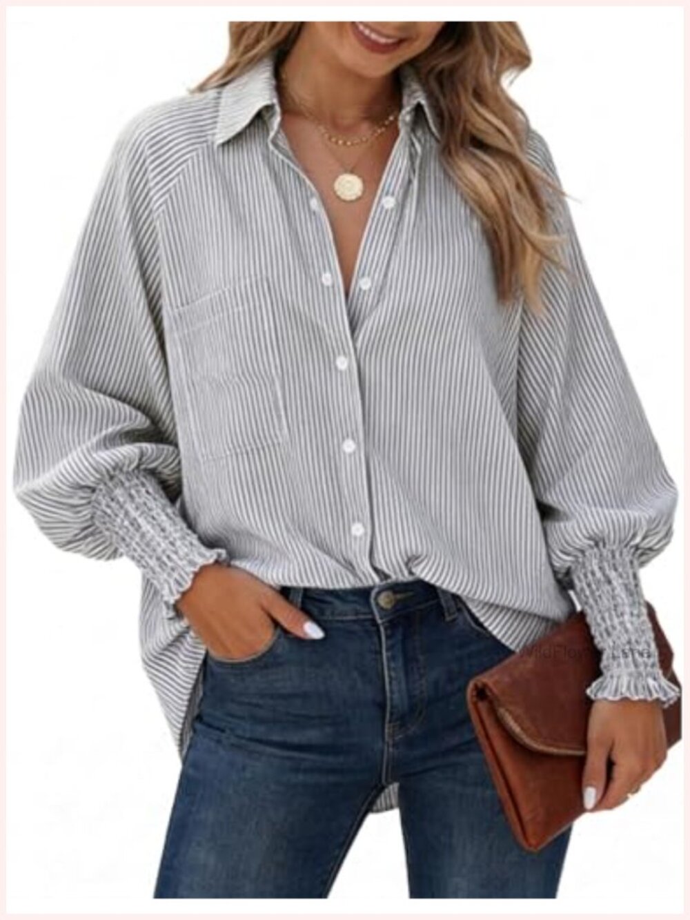 Oversized Button Down Shirt Striped Long Sleeve Smocked Cuff Blouse